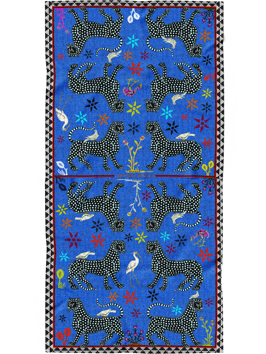 Gattopardo Mosaico Sciarpa di Seta Blu Negativo 200x100cm