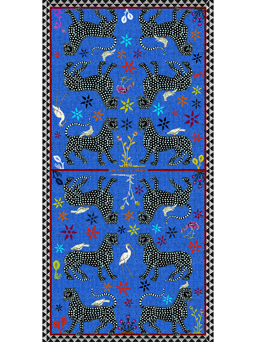 Gattopardo Mosaico Sciarpa di Seta Blu Negativo 200x100cm